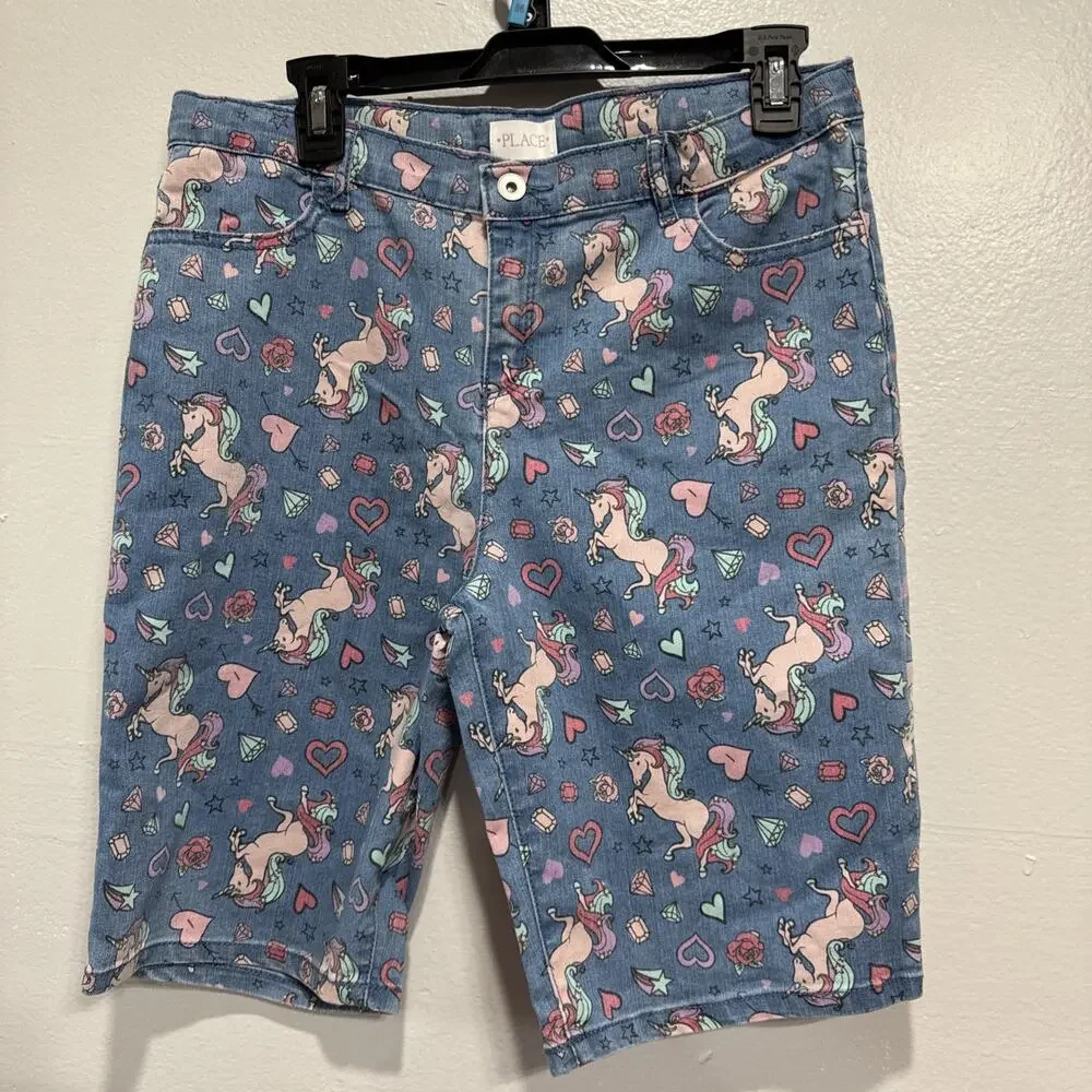 Place Girls Unicorn Graffiti Print Denim Jean Bermuda Shorts Size 16 Plus Casual